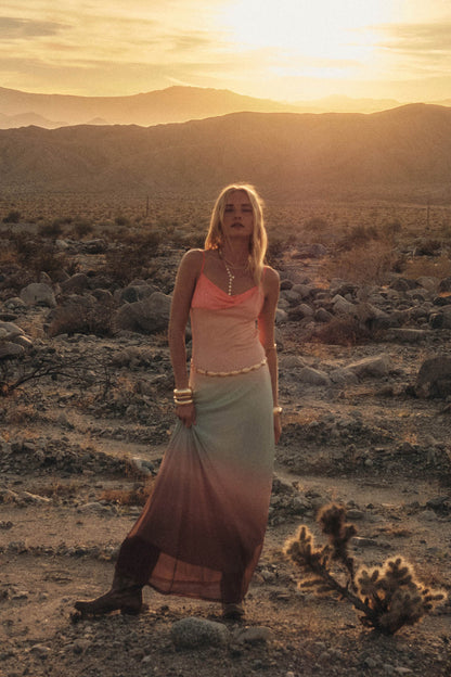 Sunset Symphony Ombre Mesh Cowl-Neck Maxi Dress