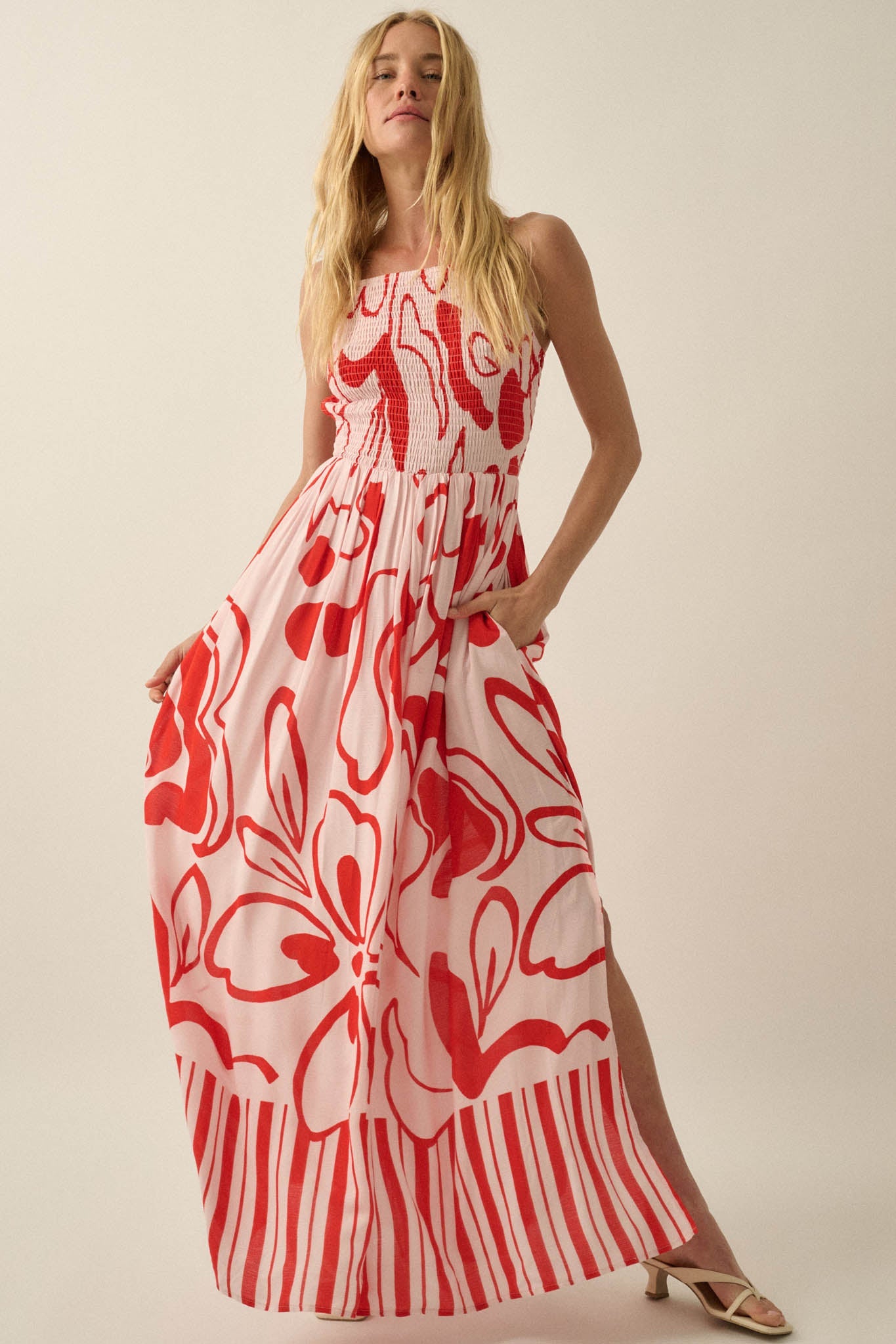 Tropical Beauty Abstract-Floral Smocked Maxi Dress