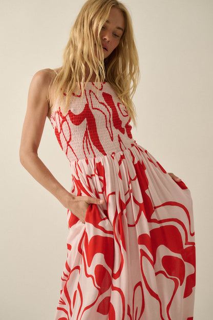 Tropical Beauty Abstract-Floral Smocked Maxi Dress
