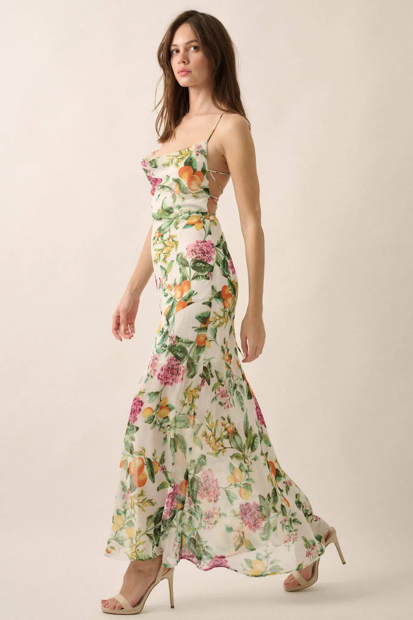 Sweet Succulence Fruit-Print Open-Back Maxi Dress