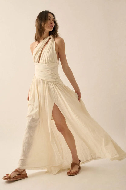Swept Away Textured Cotton One-Shoulder Maxi Dress