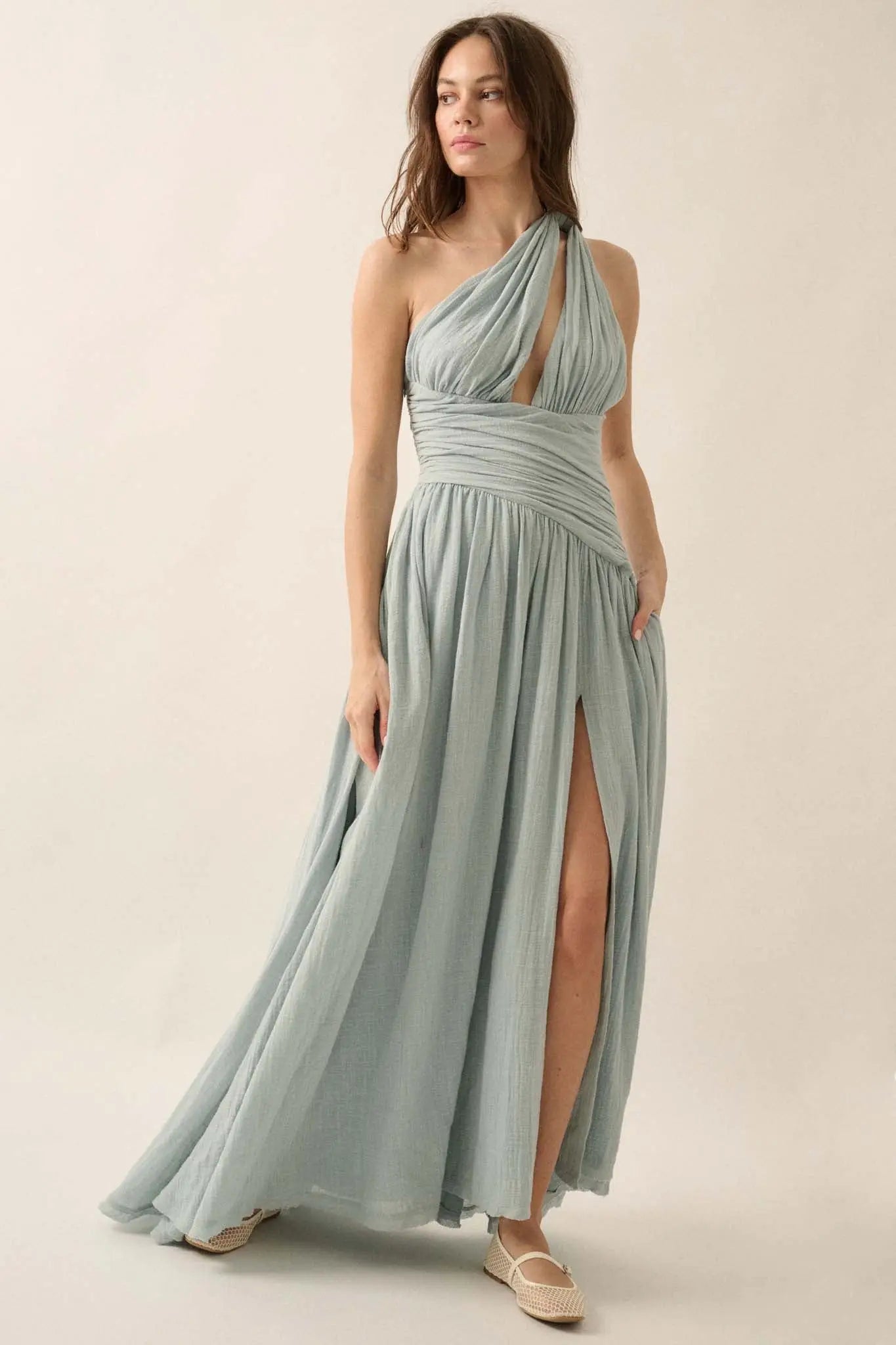 Swept Away Textured Cotton One-Shoulder Maxi Dress