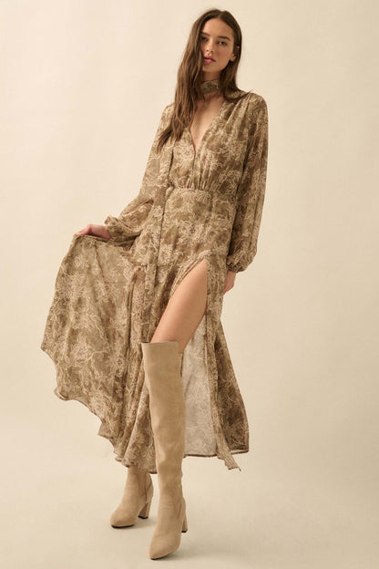 Treasured Beauty Floral Chiffon V-Neck Maxi Dress