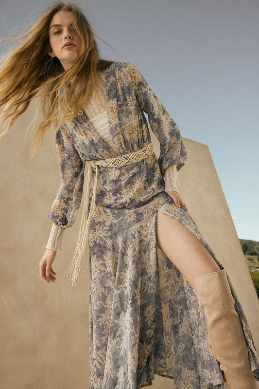 Treasured Beauty Floral Chiffon V-Neck Maxi Dress