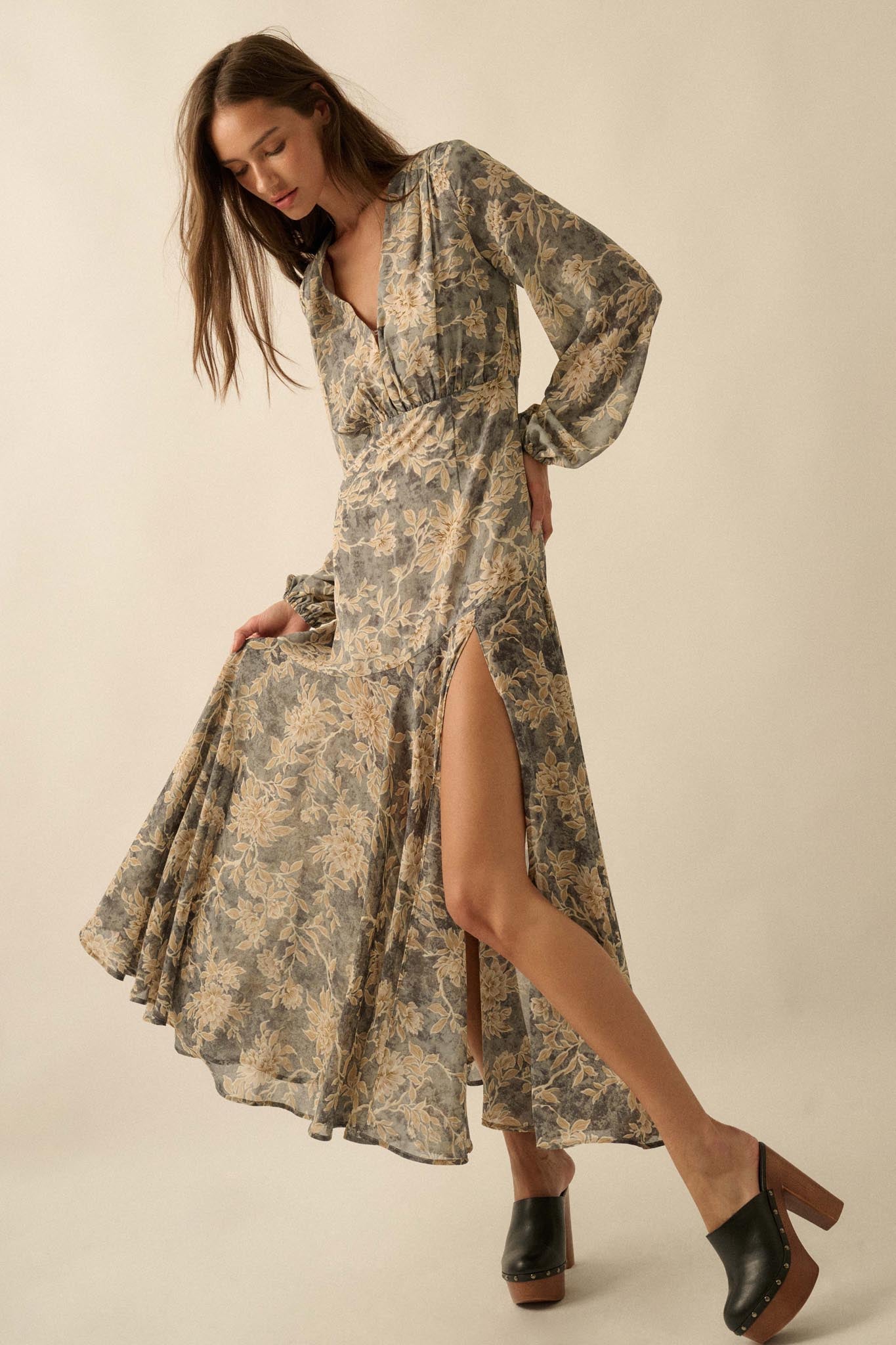 Treasured Beauty Floral Chiffon V-Neck Maxi Dress