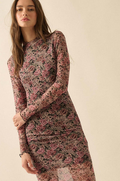 Wine and Roses Floral Mesh Mock-Neck Midi Dress