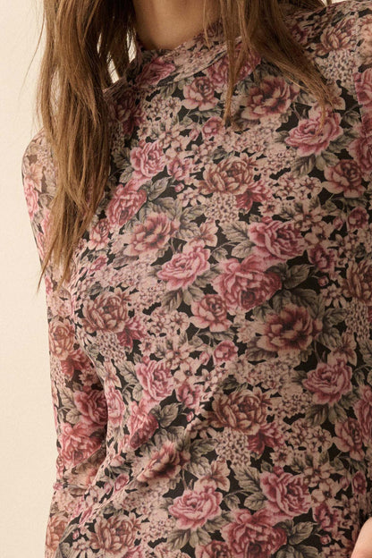 Wine and Roses Floral Mesh Mock-Neck Midi Dress