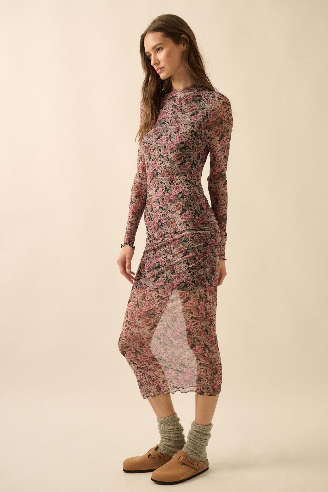 Wine and Roses Floral Mesh Mock-Neck Midi Dress