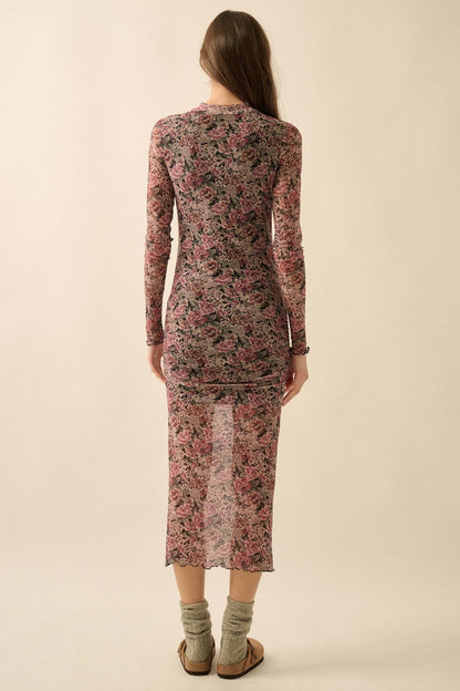 Wine and Roses Floral Mesh Mock-Neck Midi Dress