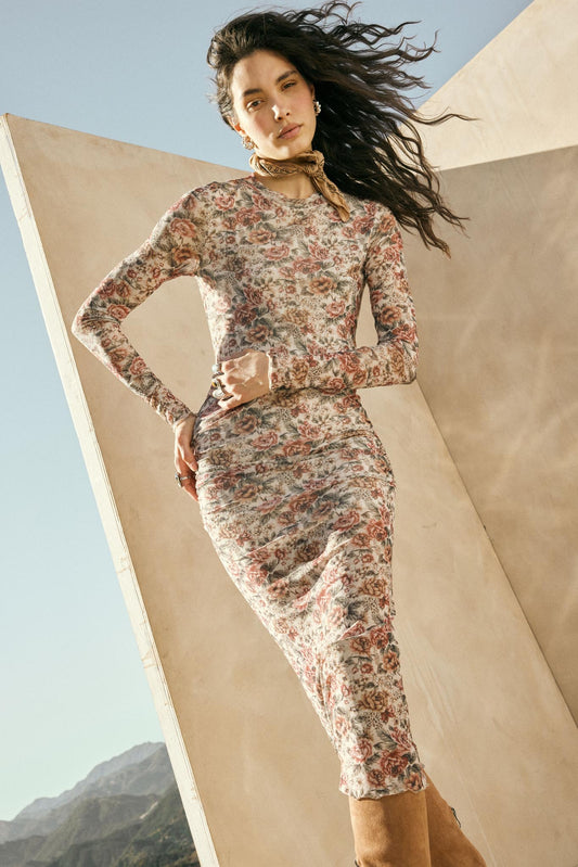 Wine and Roses Floral Mesh Mock-Neck Midi Dress