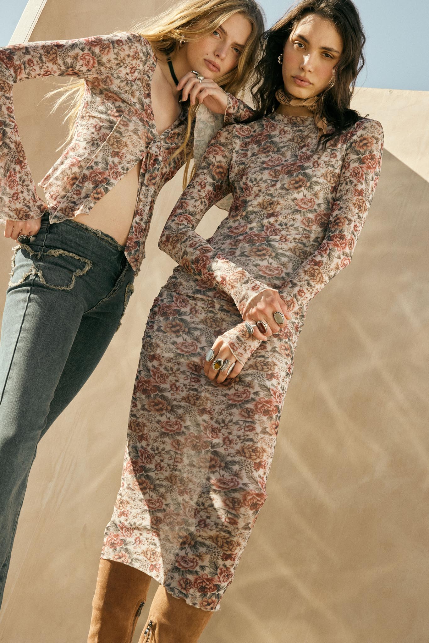 Wine and Roses Floral Mesh Mock-Neck Midi Dress