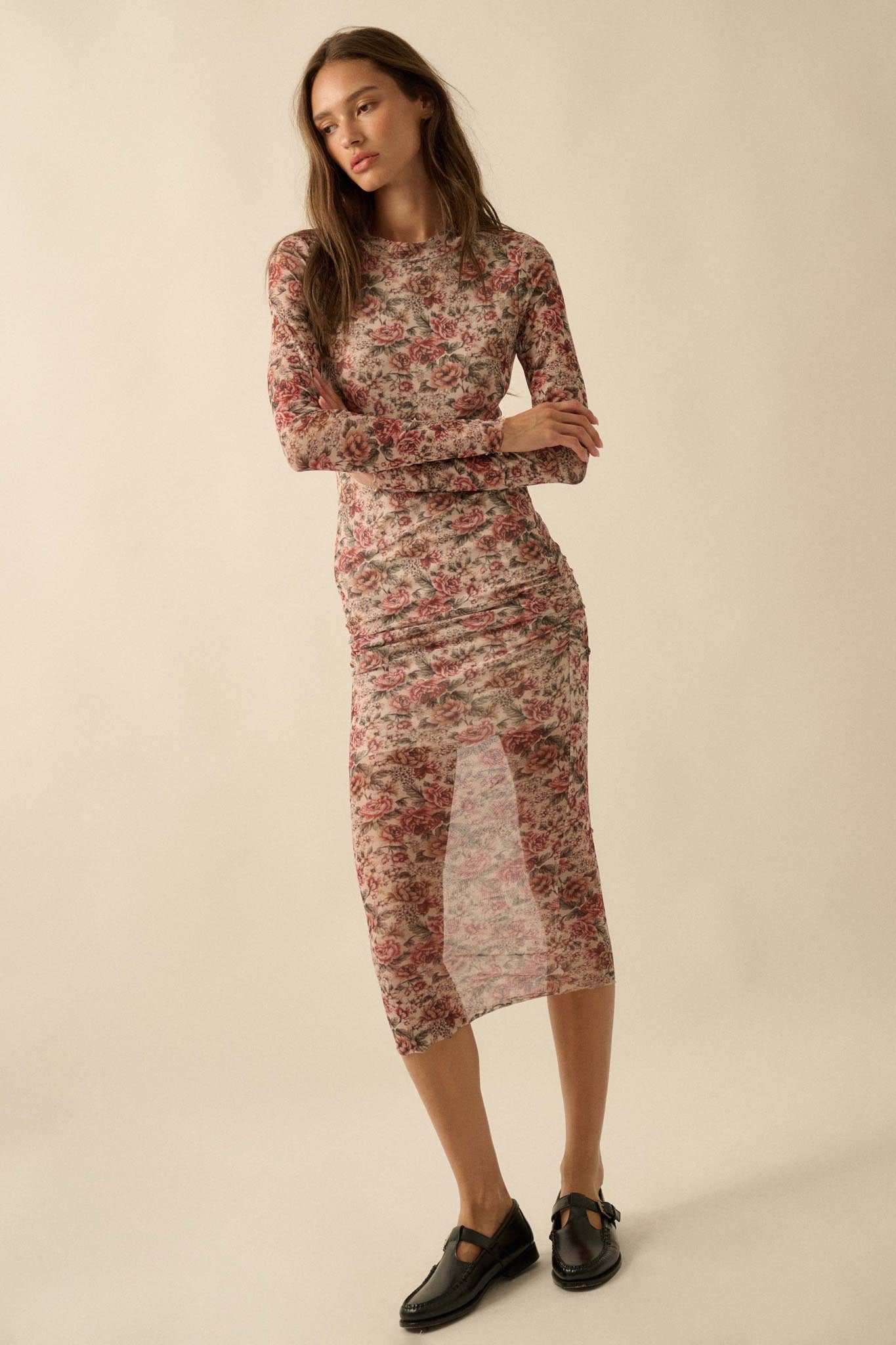 Wine and Roses Floral Mesh Mock-Neck Midi Dress