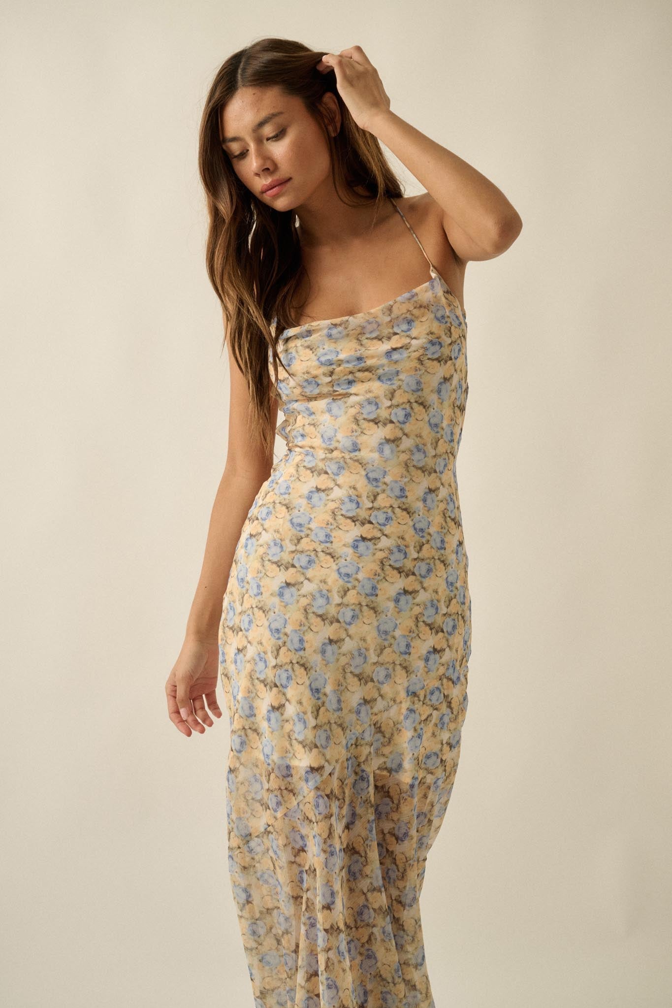 Sunshine Garden Floral Chiffon Open-Back Maxi Dress