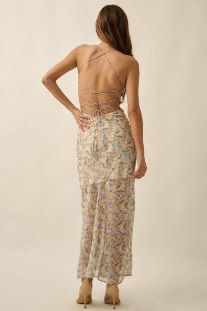 Sunshine Garden Floral Chiffon Open-Back Maxi Dress