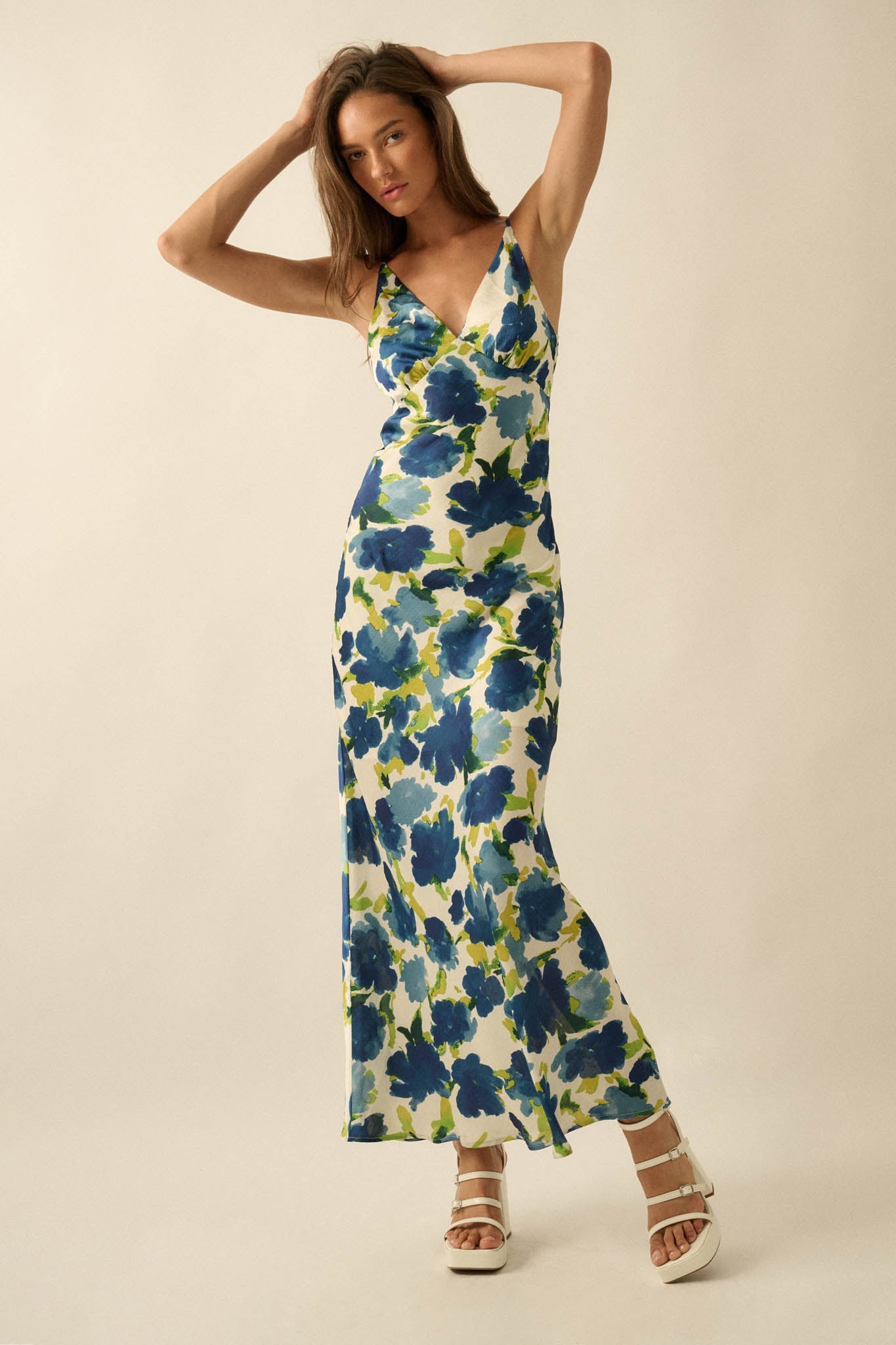 Watercolor Blossoms Floral Crepe Maxi Slip Dress