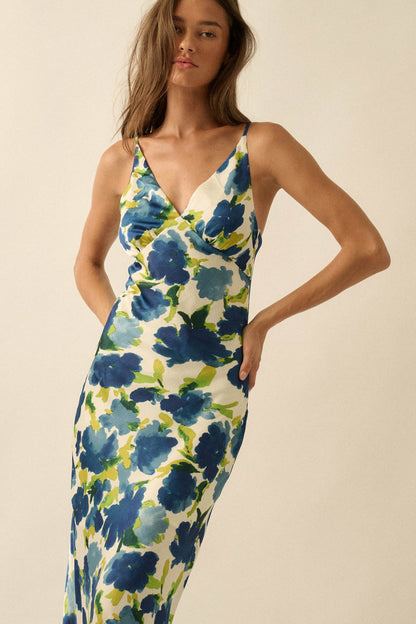 Watercolor Blossoms Floral Crepe Maxi Slip Dress