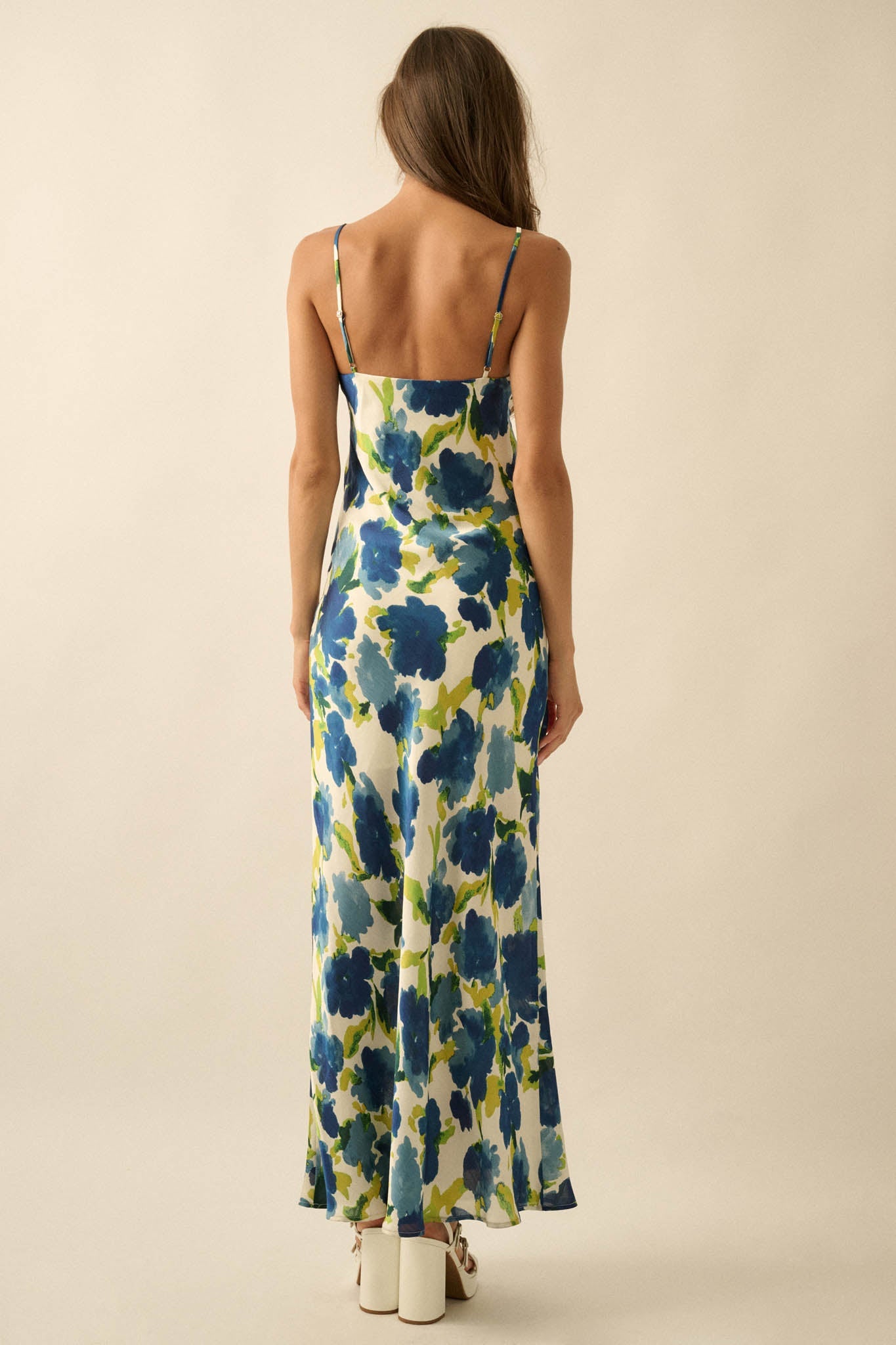 Watercolor Blossoms Floral Crepe Maxi Slip Dress
