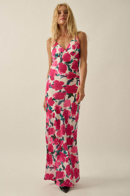 Watercolor Blossoms Floral Crepe Maxi Slip Dress