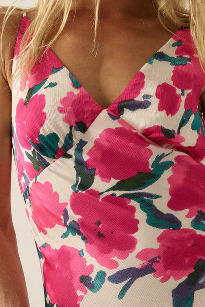 Watercolor Blossoms Floral Crepe Maxi Slip Dress