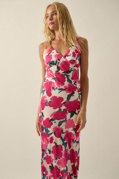 Watercolor Blossoms Floral Crepe Maxi Slip Dress