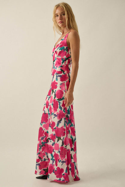 Watercolor Blossoms Floral Crepe Maxi Slip Dress