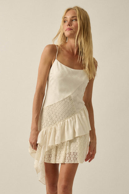 Sun City Crochet Lace Mixed Media Ruffle Mini Dress