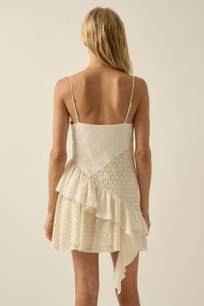 Sun City Crochet Lace Mixed Media Ruffle Mini Dress