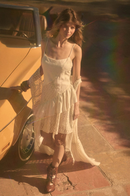 Sun City Crochet Lace Mixed Media Ruffle Mini Dress