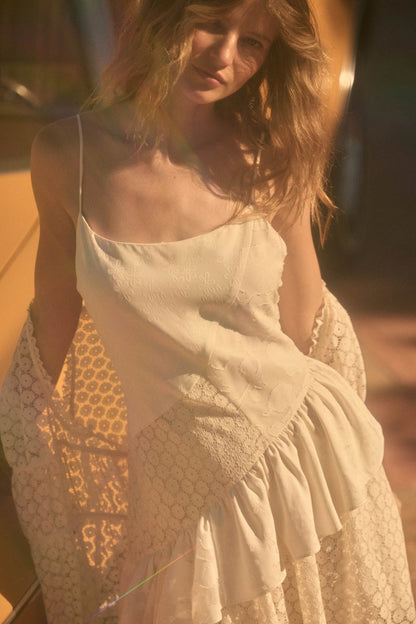 Sun City Crochet Lace Mixed Media Ruffle Mini Dress