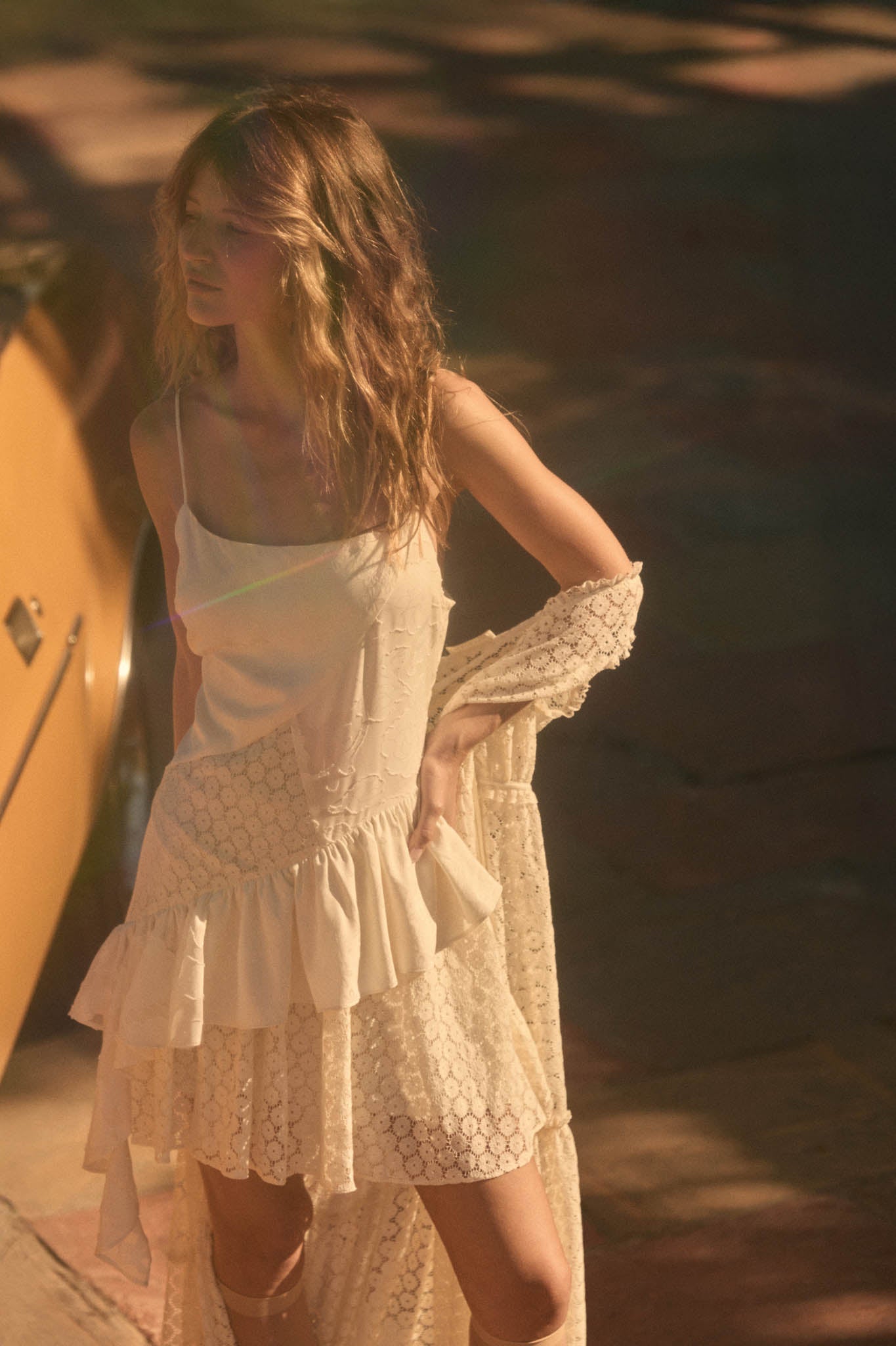 Sun City Crochet Lace Mixed Media Ruffle Mini Dress