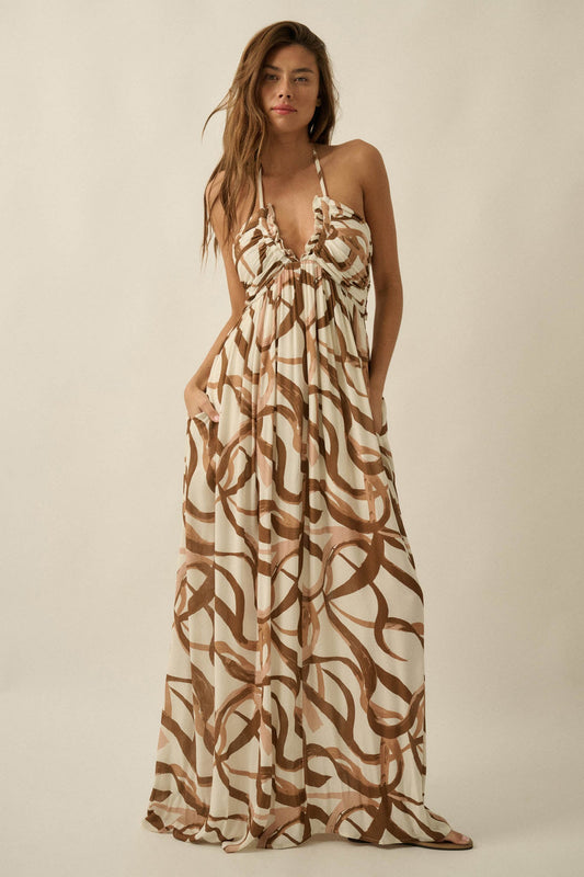 Tangled Up Ribbon-Print Tie-Back Halter Maxi Dress