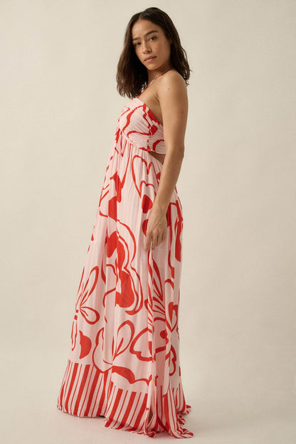 Tropical Blooms Abstract-Floral Halter Maxi Dress