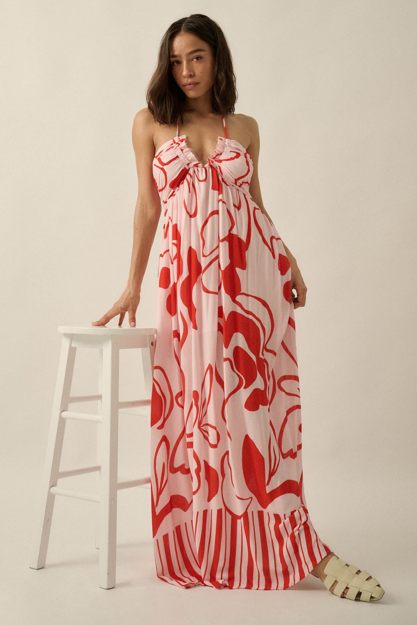Tropical Blooms Abstract-Floral Halter Maxi Dress