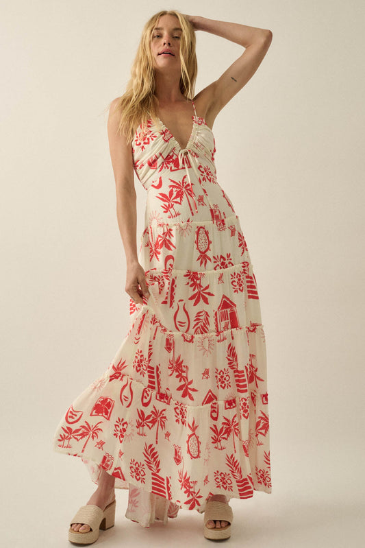 Sunny Shores Tiered Ruffle Tie-Front Maxi Dress