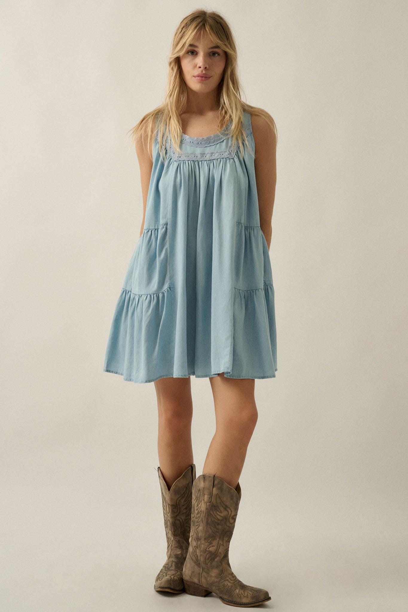 Wind Catcher Lace-Trim Denim Tiered Babydoll Romper