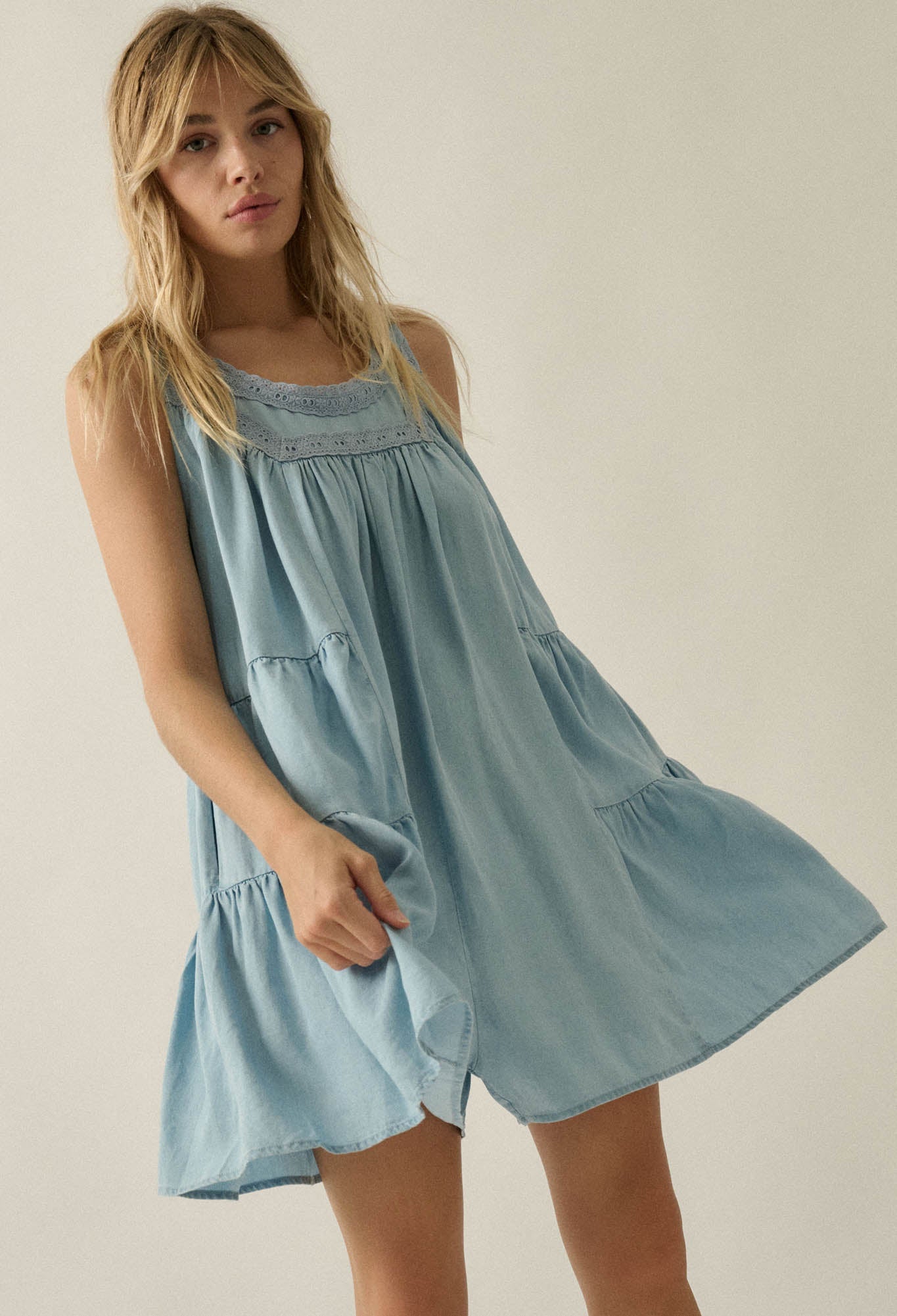 Wind Catcher Lace-Trim Denim Tiered Babydoll Romper