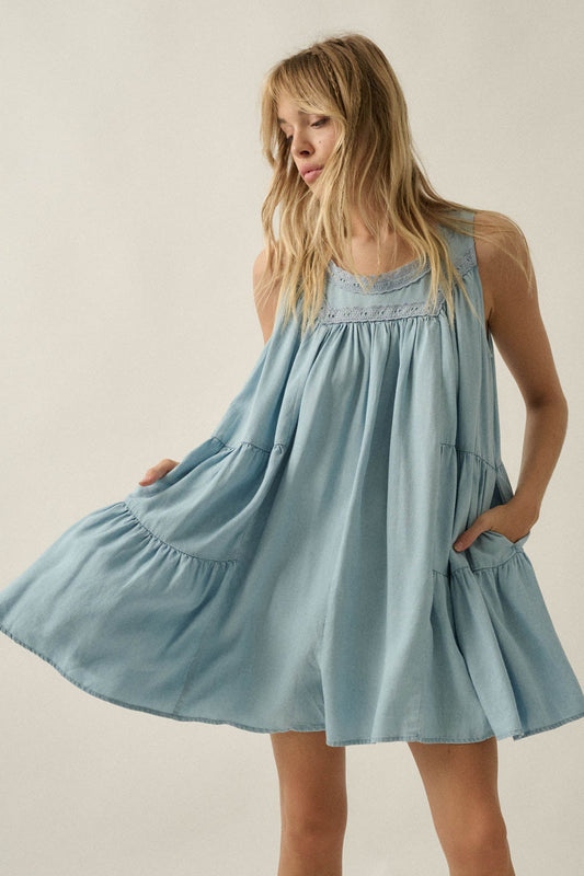 Wind Catcher Lace-Trim Denim Tiered Babydoll Romper