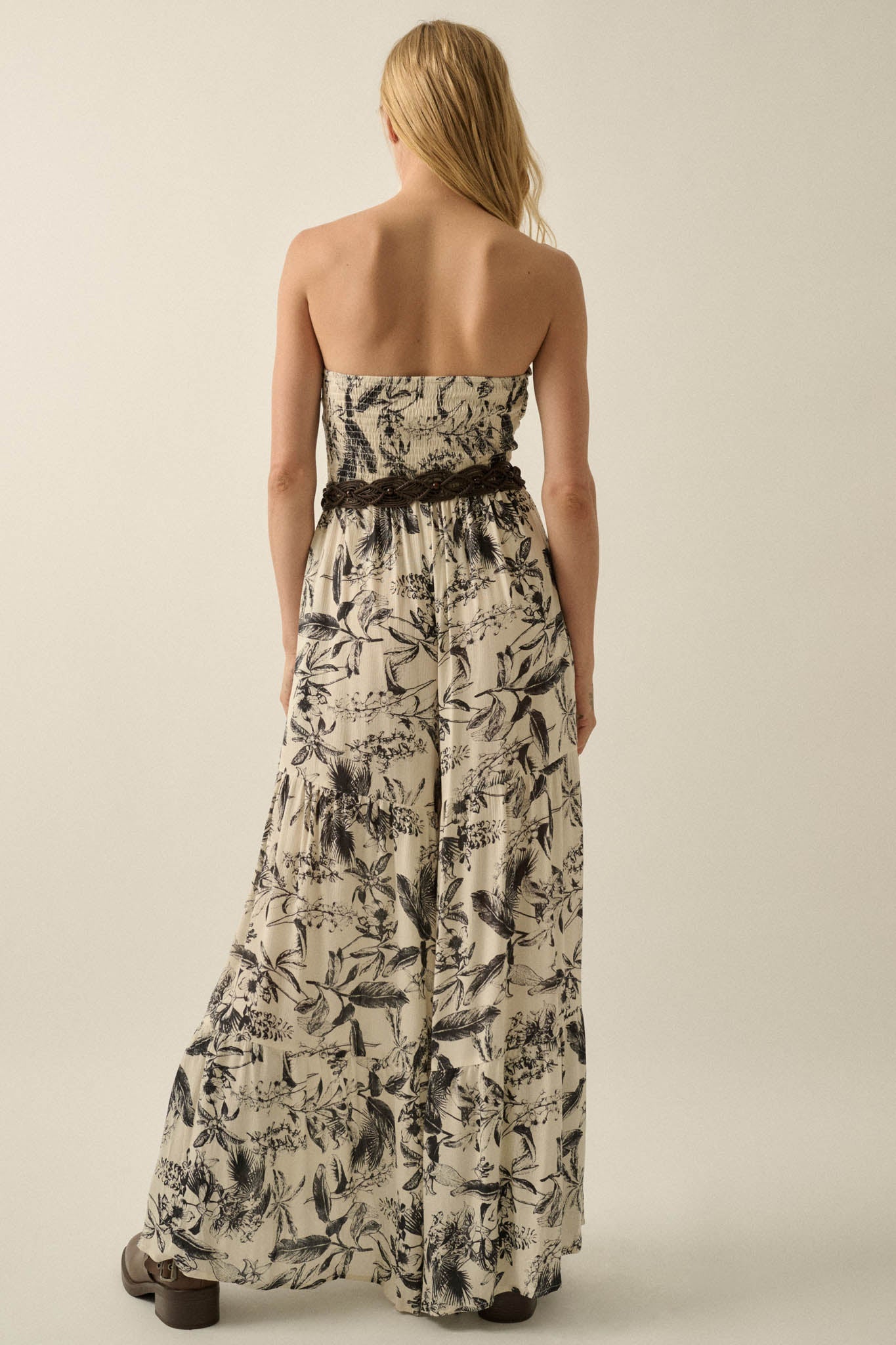 Sultry Season Tropical Strapless Wide-Leg Jumpsuit