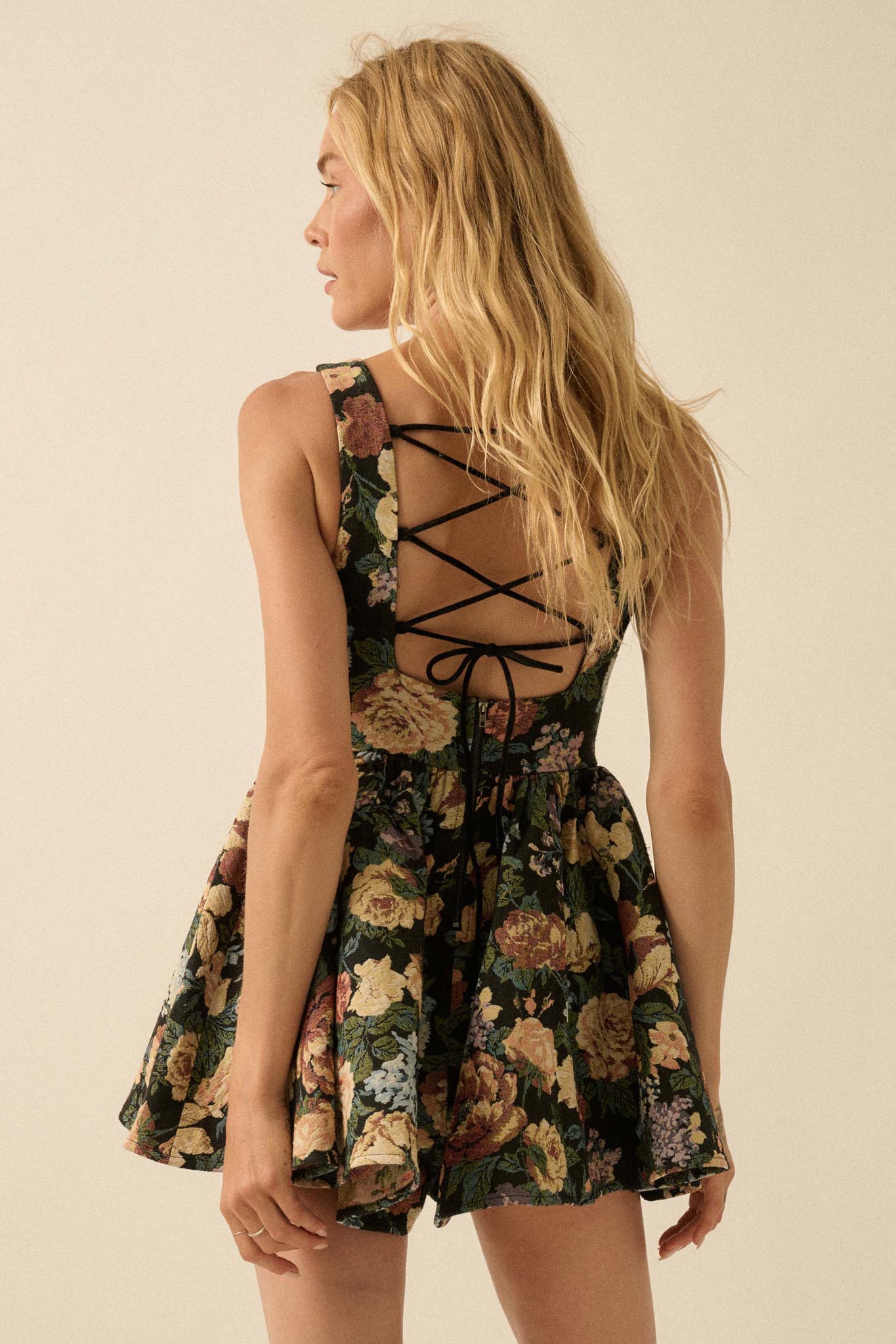 Weaving Blooms Floral Tapestry Corset Romper Dress