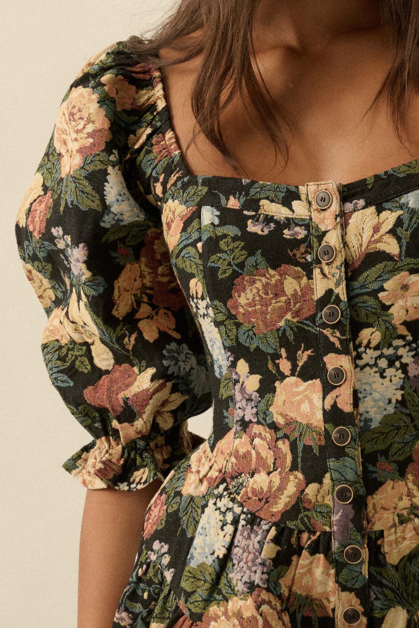 Woven Petals Floral Tapestry Puff-Sleeve Romper