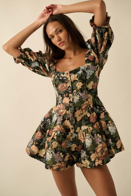 Woven Petals Floral Tapestry Puff-Sleeve Romper