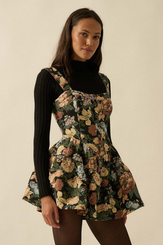 Stitched Garden Floral Tapestry Ruffle Romper Dress