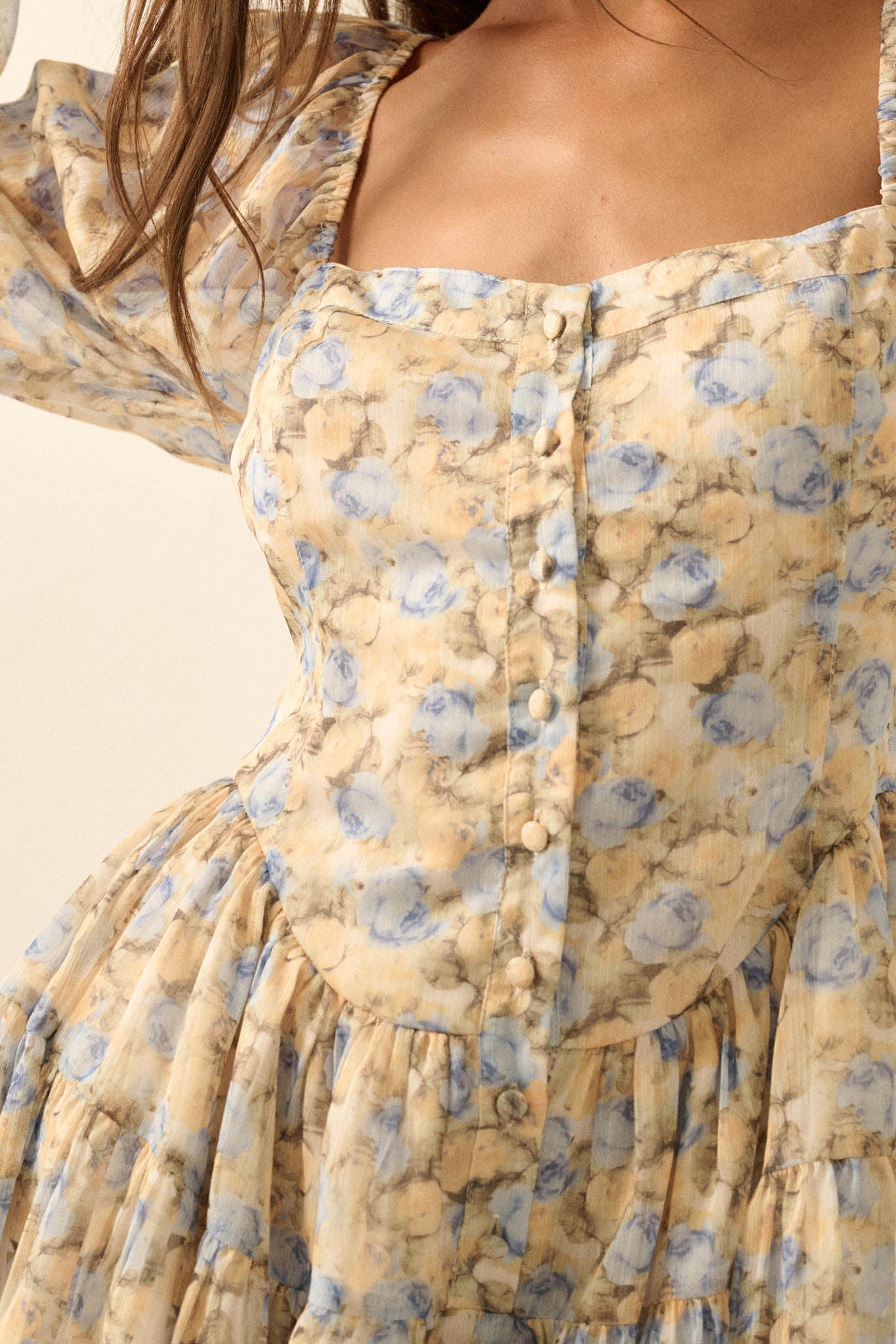 Sunlit Kiss Floral Chiffon Tiered Ruffle Romper