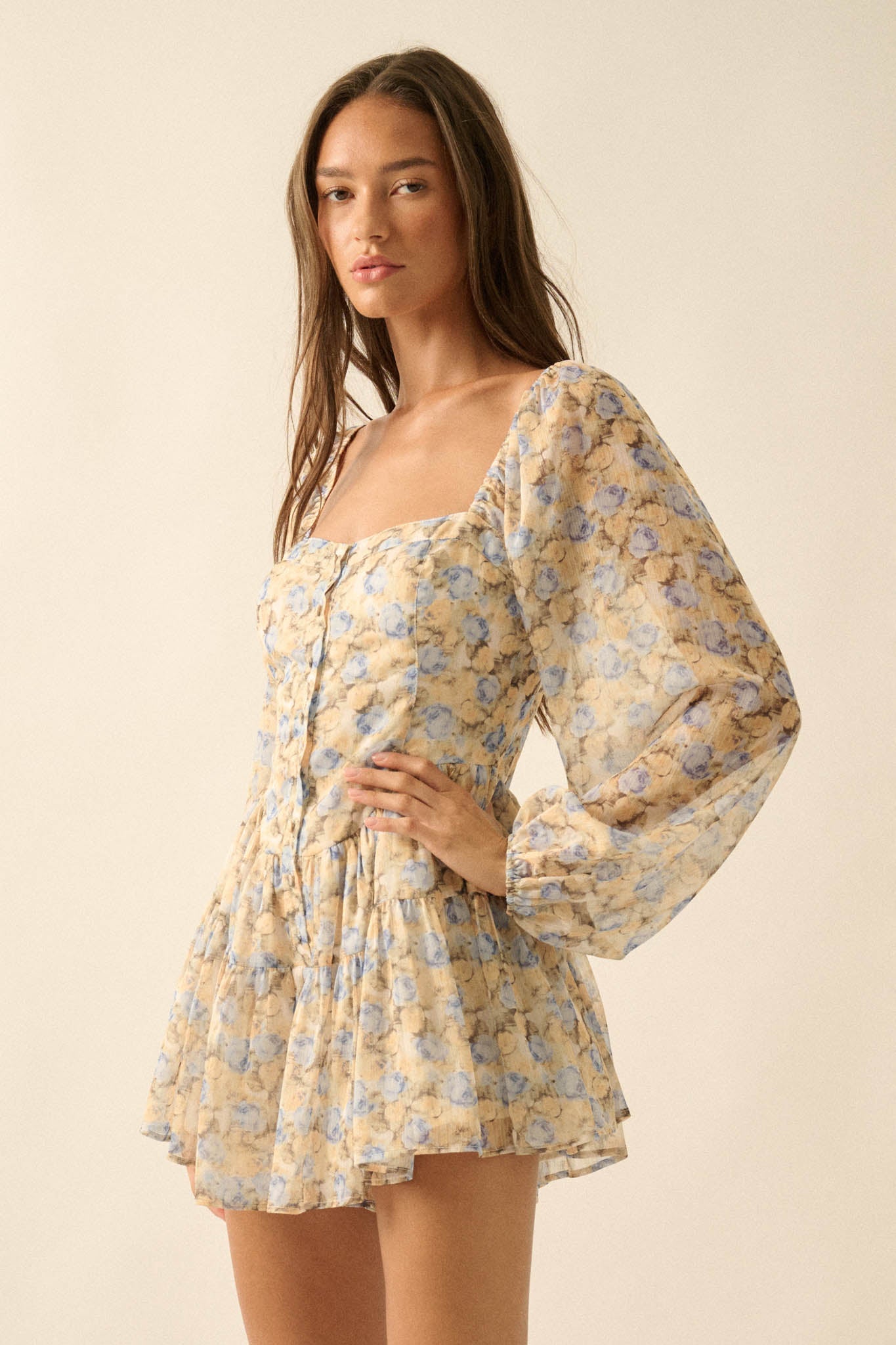 Sunlit Kiss Floral Chiffon Tiered Ruffle Romper