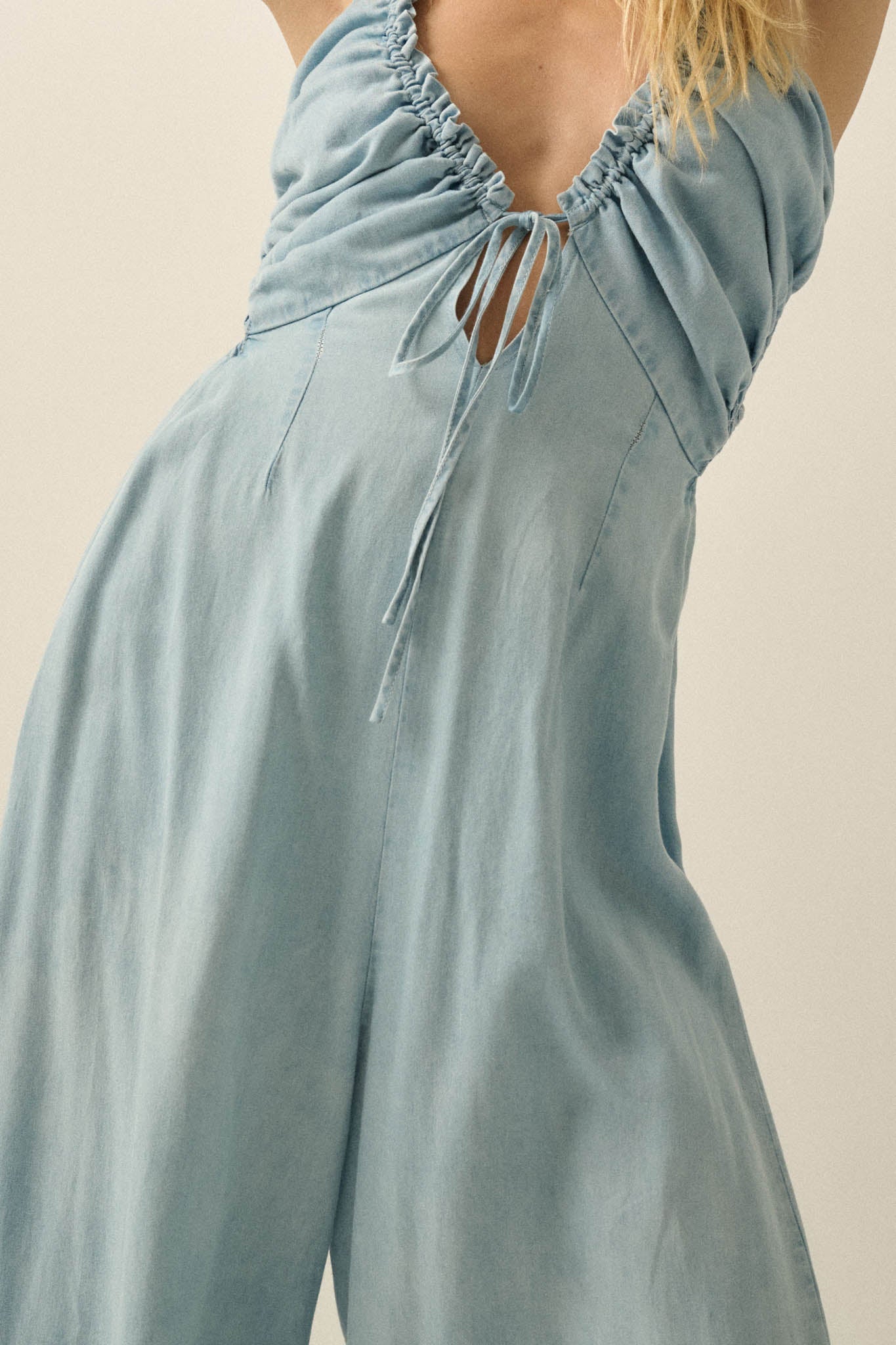Summer Skies Denim Wide-Leg Halter Jumpsuit