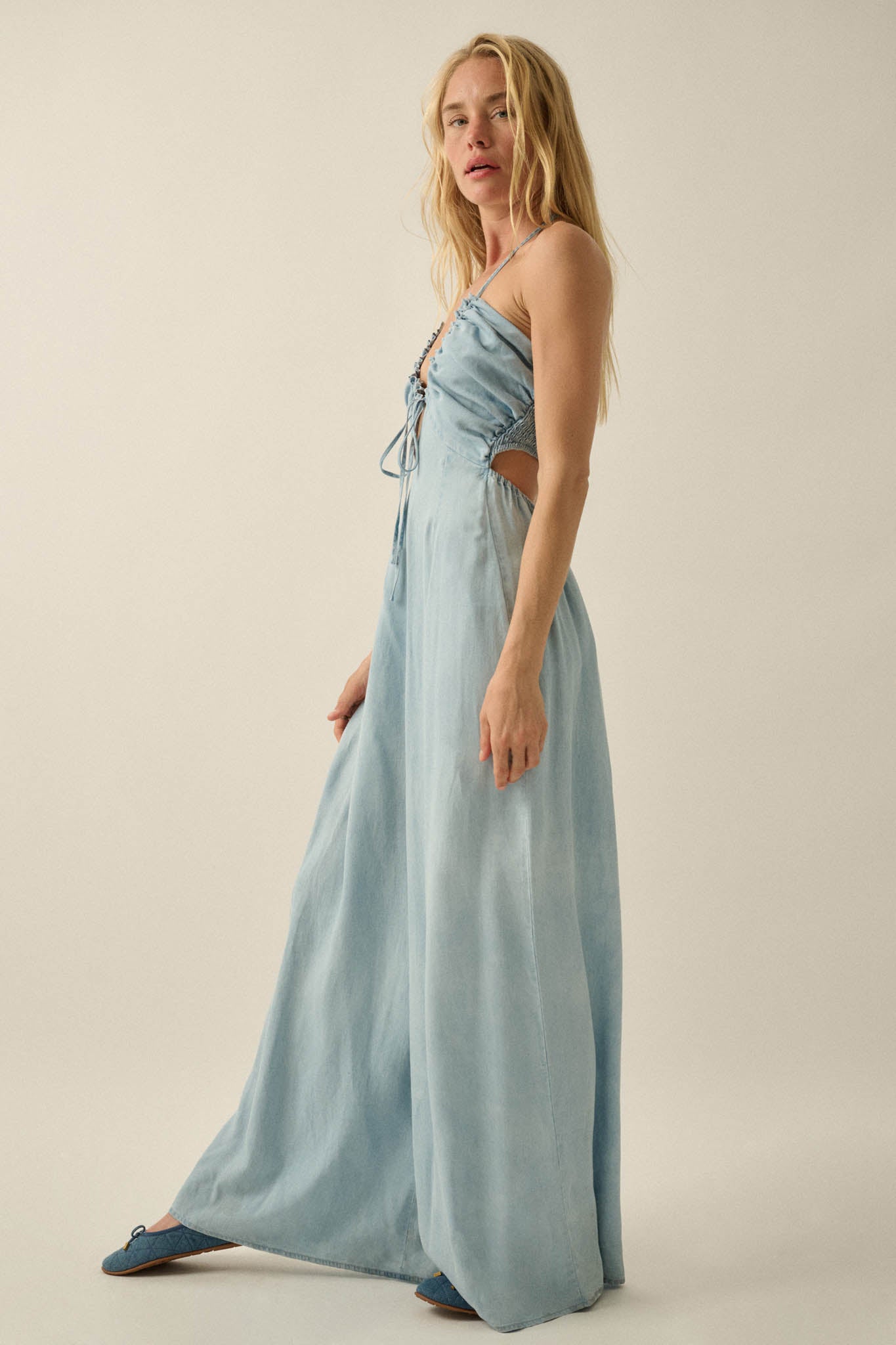 Summer Skies Denim Wide-Leg Halter Jumpsuit