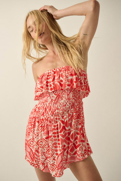 Voyaging Soul Batik-Print Strapless Flounce Romper