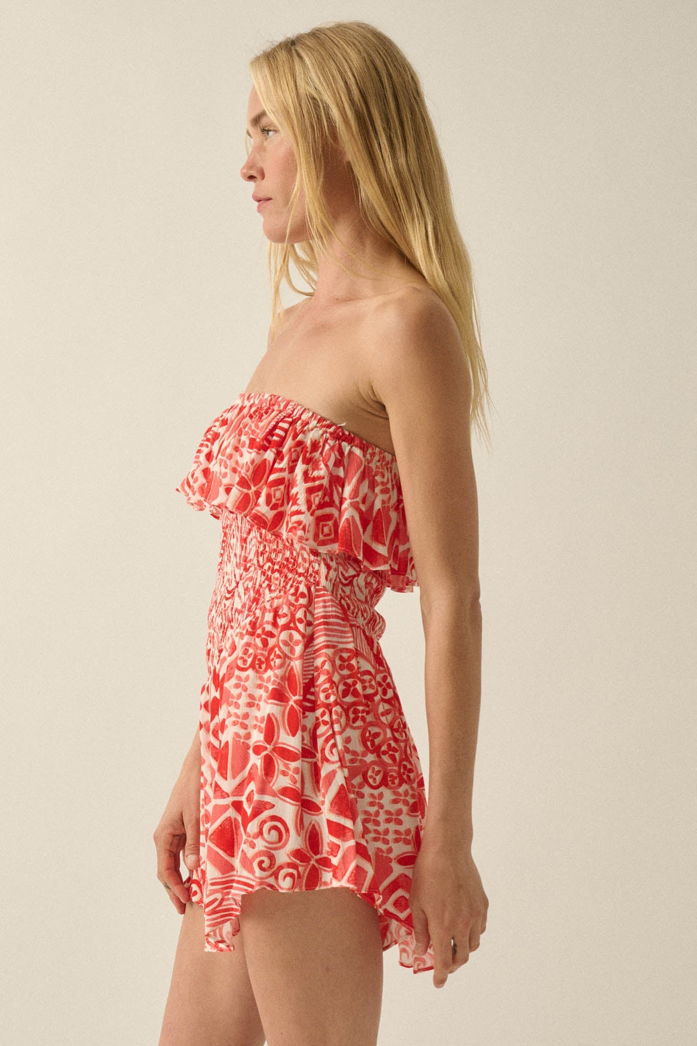 Voyaging Soul Batik-Print Strapless Flounce Romper