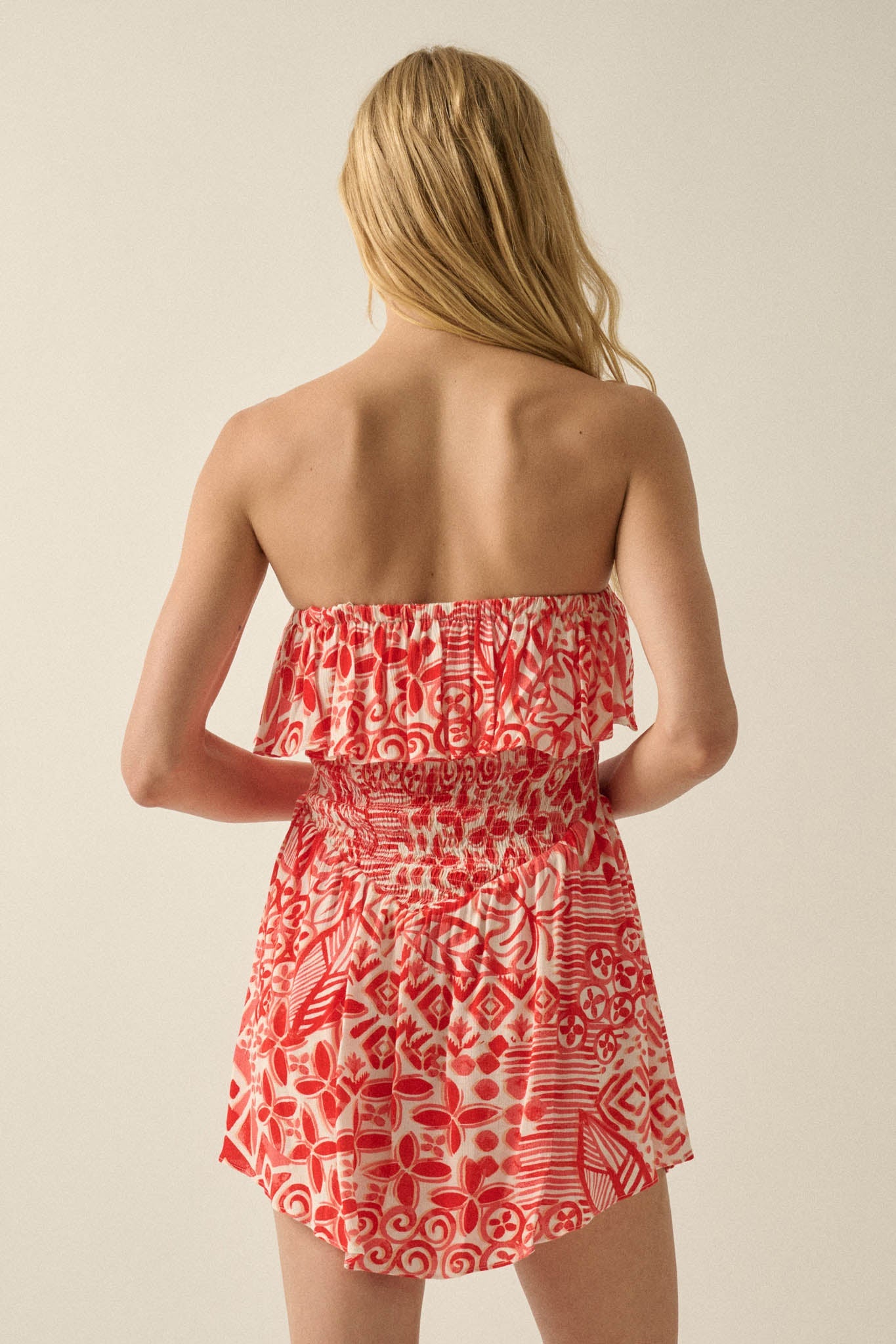 Voyaging Soul Batik-Print Strapless Flounce Romper
