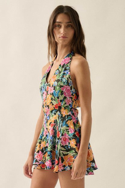 Vibrant Blooms Floral Satin V-Neck Halter Romper